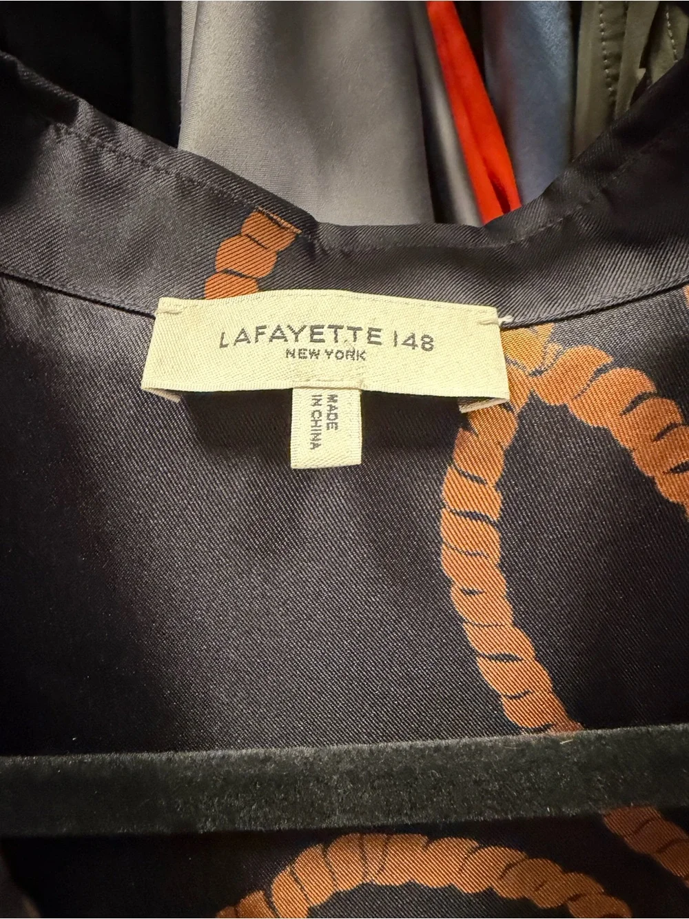 Lafayette 148 New York Navy Button-Front Shirt with Tan Rope Print silk - Picture 4 of 6
